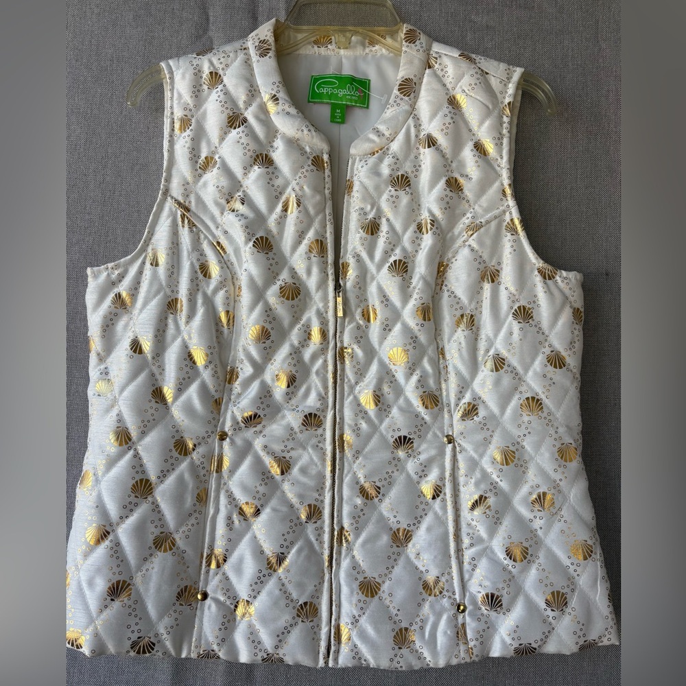 Pappagallo White and Gold Quilted Vest shell themed medium zip up.